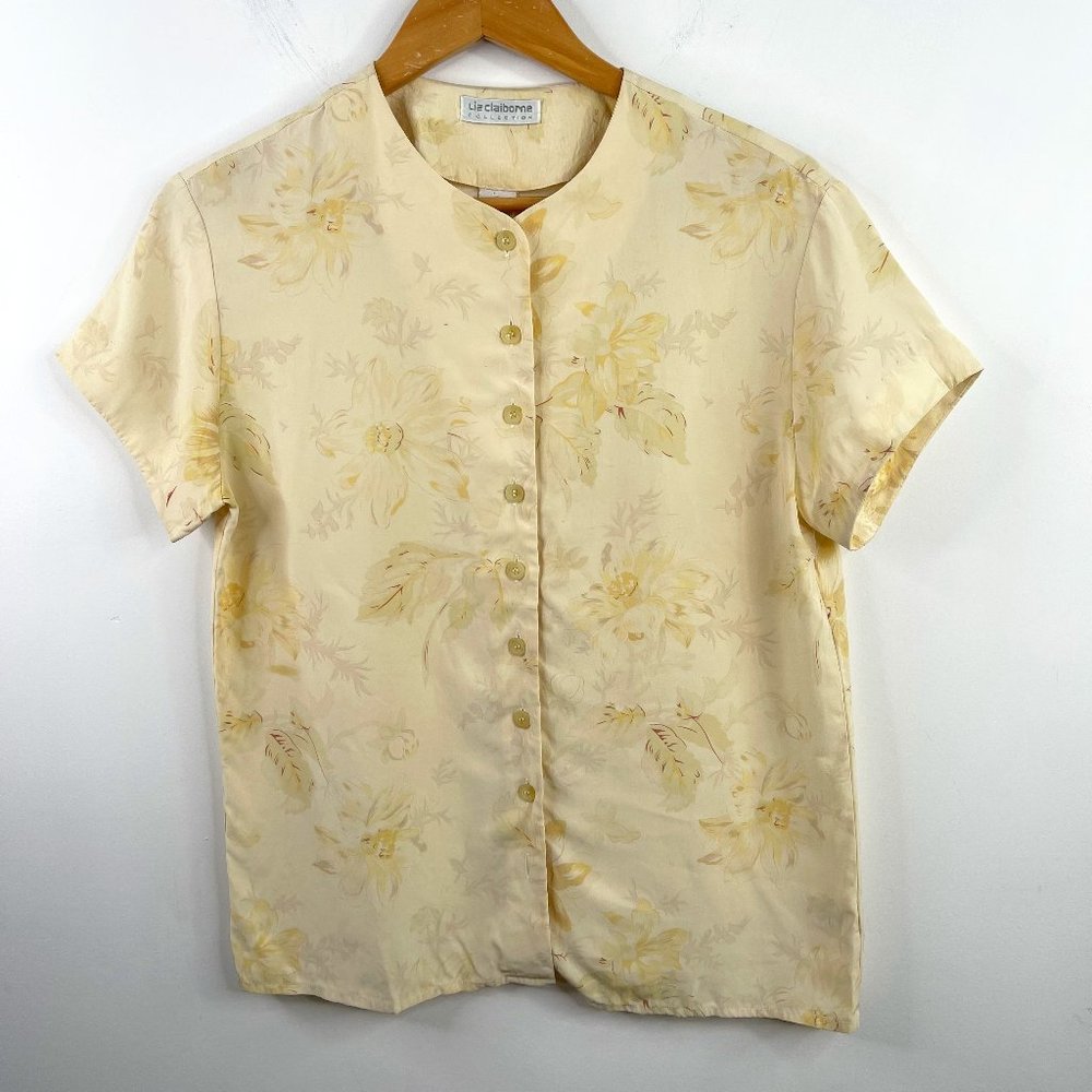 VTG Liz Claiborne Soft Yellow Floral Silk Short Sleeve Button Up Blouse Size 4